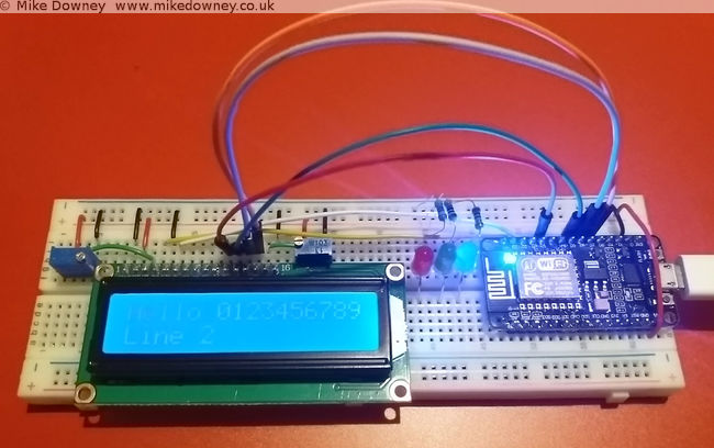 The NodeMCU board with the LCD1602 display