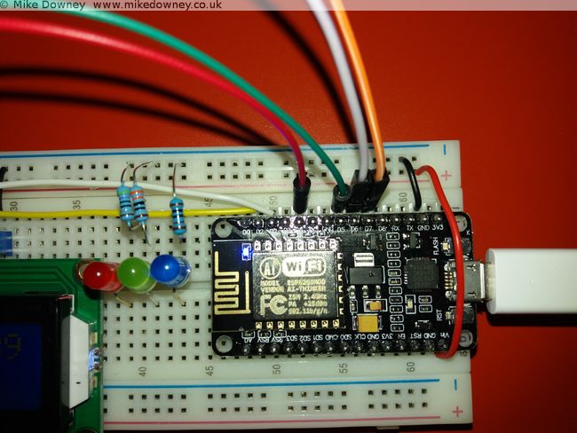 The NodeMCU board with the LCD1602 display