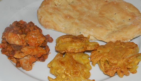 Onion Bhajis, Naan bread, chicken and chick pea curry