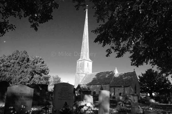 Black and white photo of a church